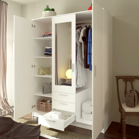 Bílá šatní skříň se zrcadlem Ambidecor