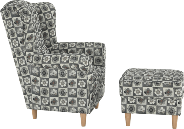 Křeslo s taburetem Porterie, látka patchwork N1